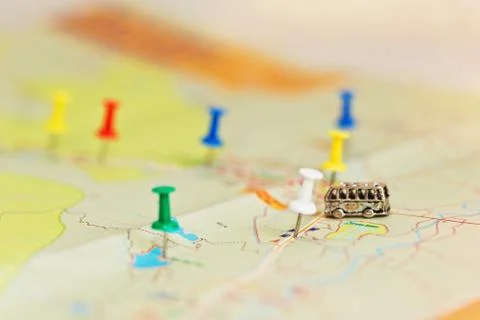 Roadmap with tiny bus - travel concept Stock Photos