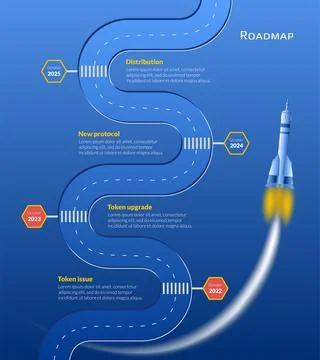 Roadmap with winding road and stop signs on stages on blue background. Stock Illustration
