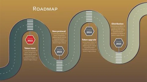 Roadmap with winding road and stop signs on stages on brown background. Stock Illustration