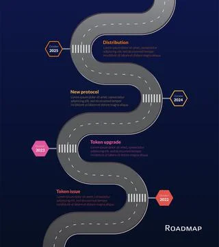Roadmap with winding road and stop signs on stages on dark blue background. Stock Illustration