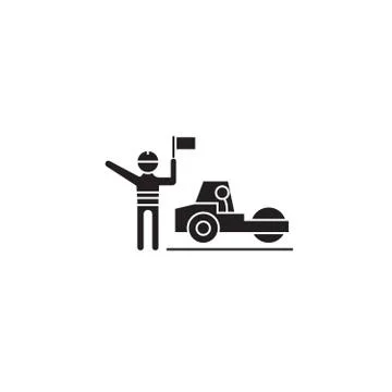 Roadroller working black vector concept icon. Roadroller working flat Stock Illustration