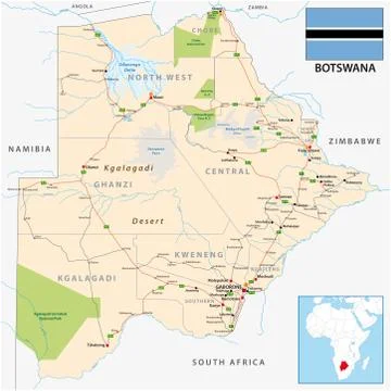 Roads and administrative vector map of Botswana Stock Illustration