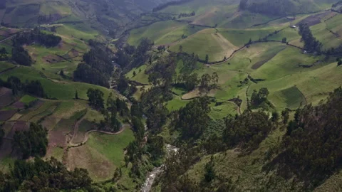 Roads and agricultural fields on the slopes of the Andes, a river at the bottom Stock Footage 169959936