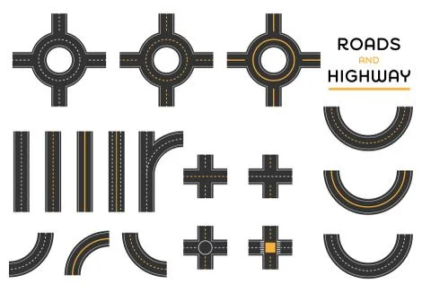 Roads and highway different intersection set of pieces, vector illustration Stock Illustration