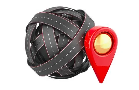 Roads knot with map pointer. 3D rendering Illustrazione stock