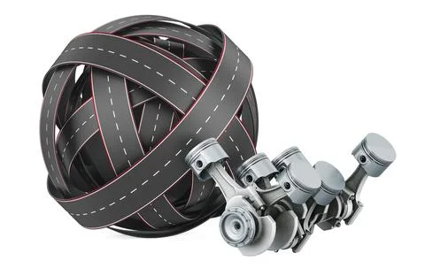 Roads knot with V6 engine pistons, 3D rendering イラスト素材