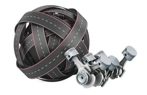 Roads knot with V6 engine pistons, 3D rendering Roads knot with V6 engine ... Stock Photos