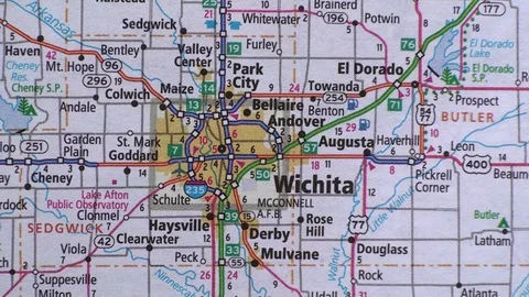 Roads on the map around Wichita, Kansas, USA Stock Footage