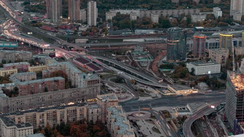 Roads in Moscow from the high skyscraper of Moscow City. Stock Footage 296152853