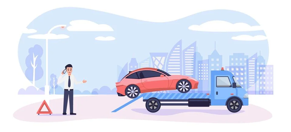 Roadside assistance concept. Broken car on tow truck and cartoon man calling Stock Illustration