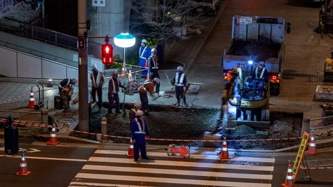 Roadside construction workers on night duty Stock Footage 106869253
