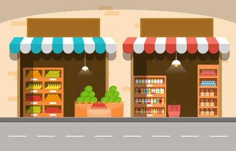 Roadside Fruit Vegetable Store Stall Stand Grocery in City Illustration Illustrazione stock