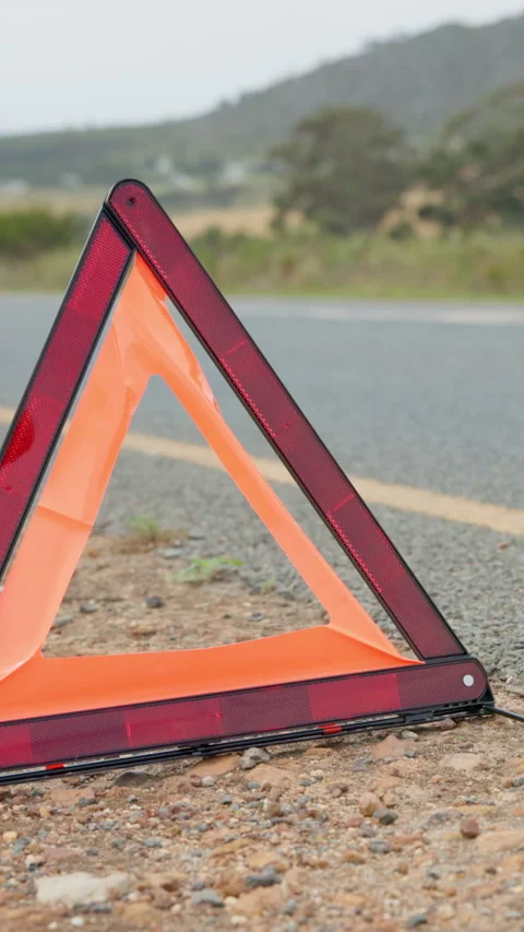 Roadside, warning and triangle for caution outdoor for attention, accident and Stock Footage 333439649
