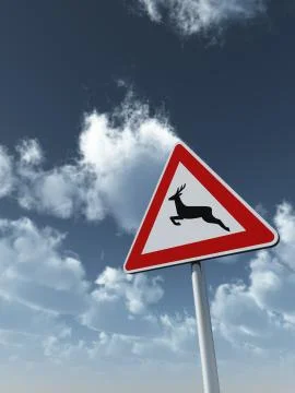 Roadsign deer crossing under cloudy blue sky - 3d illustration Stock Illustration
