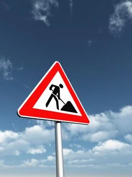Roadsign men at work under cloudy blue sky - 3d illustration Stock Illustration