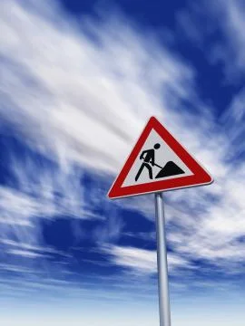 Roadsign men at work under cloudy blue sky - 3d illustration Stock Illustration
