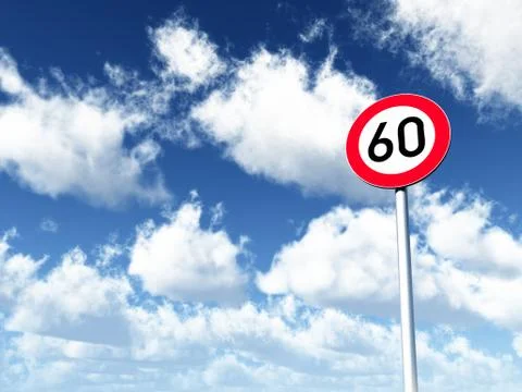 Roadsign speed limit sixty under cloudy blue sky - 3d illustration Stock Illustration