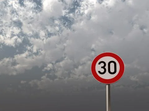 Roadsign speed limit thirty under cloudy sky - 3d illustration Stock Illustration