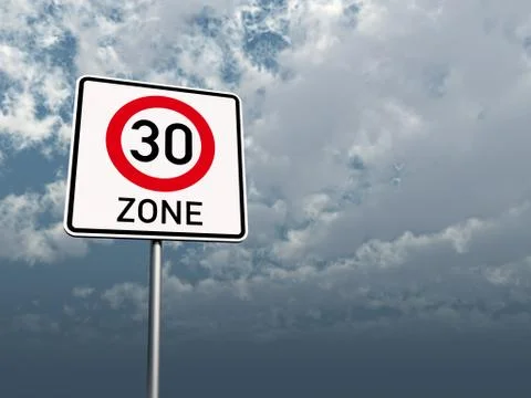 Roadsign thirty area under cloudy blue sky - 3d illustration Stock Illustration