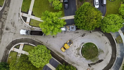 Roadwork development new asphalt road and real estate houses at Suburb Stock Footage 306470642