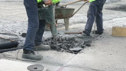 Roadwork excavation on asphalt Stock Footage 146046151