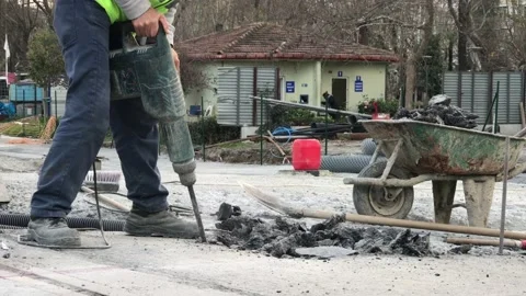 Roadwork excavation on asphalt Stock Footage 146046540