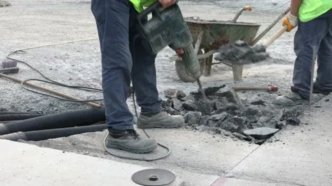 Roadwork excavation on asphalt Stock Footage 146046877