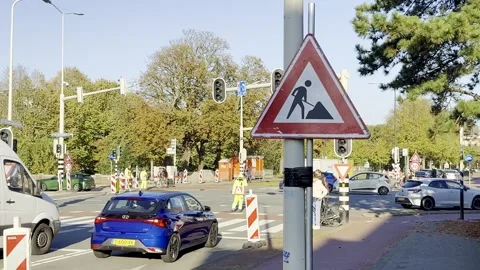 Roadwork sign in the Netherlands Stock Footage 310808184