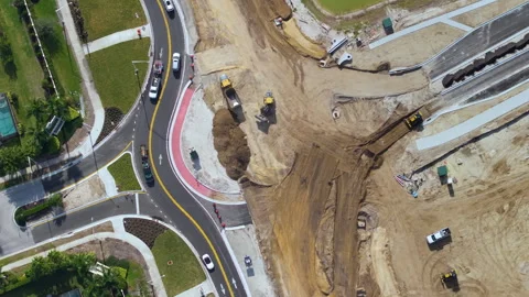 Roadworks construction site at roundabout intersection on American highway Stock Footage 270755703