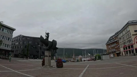 Roald Amundsen statue at Stortorget main square in Tromso Norway 動画素材 341697379