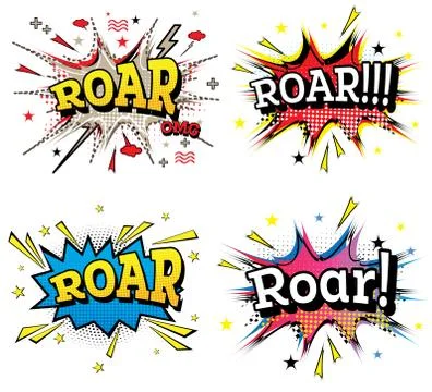 Roar Comic Text Set in Pop Art Style Isolated on White Background. Illustrazione stock