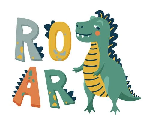 Roar dinosaur vector illustration background. Cute green smiling dino near big Stock Illustration