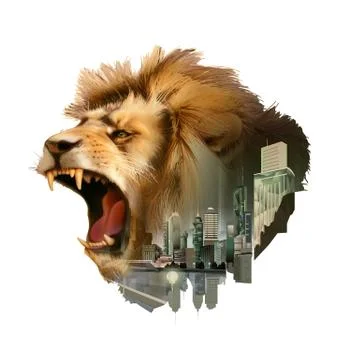 Roaring lion head, double exposure vector illustration Stock Illustration