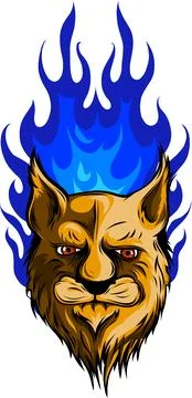 Roaring mountain lion head with fire flames vector illustration on white Stock Illustration