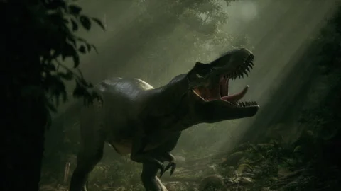 Roaring T-Rex surrounded by dense forest vegetation Stock Footage 295197488