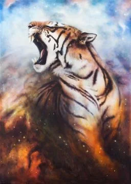 Roaring tiger in color space Stock Illustration