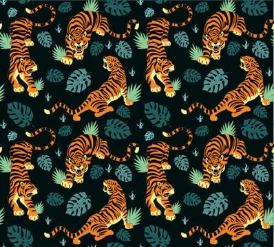 Roaring tigers on leaves seamless pattern Stock Illustration