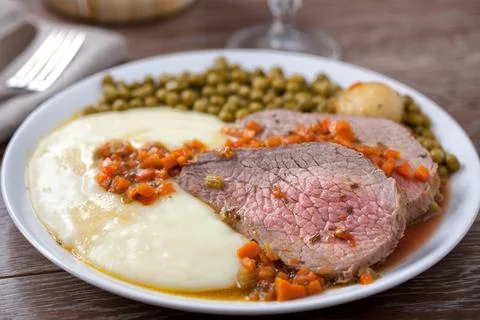 Roast Beef With Mashed Potatoes and Peas Stock Photos