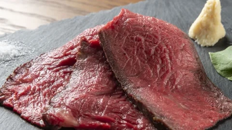 Roast Beef Slices Plated With Garnish, Close-Up Shot Stock Footage 342017031