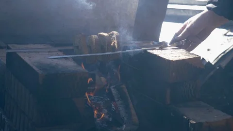 Roast bread on the fire close-up Video stock 105961278