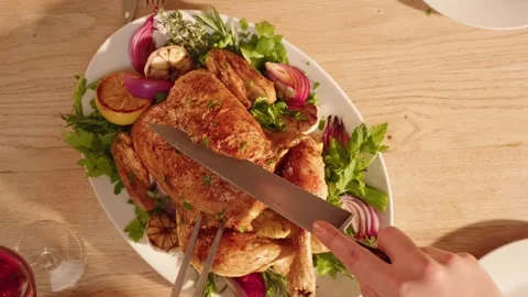 Roast Chicken carving topdown view Stock Footage 254583218