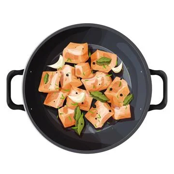 Roast chicken fillet chunks or turkey pieces in frying pan with spices, garlic Stock Illustration