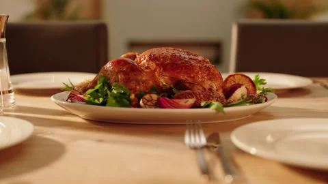 Roast Chicken on table Stock Footage 254596714