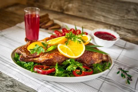 Roast duck with oranges Stock Photos
