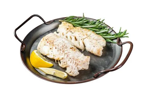 Roast Fillets of codfish, cooked cod fish meat. Isolated on white backgroun.. Stock Photos