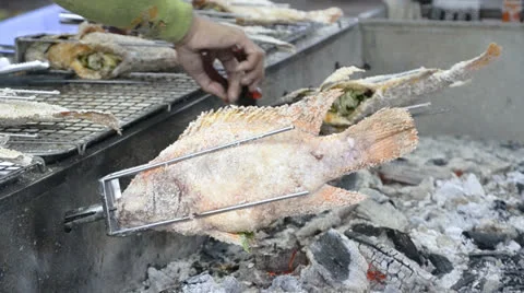Roast fish mix with salt on stove machine Stock Footage 24794635