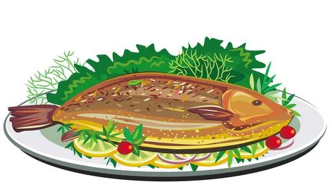 Roast fish on plate Stock Illustration