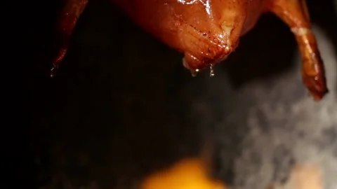 The roast goose in the fireplace drips appetizing soup, close-up shot Stock Footage 236530850