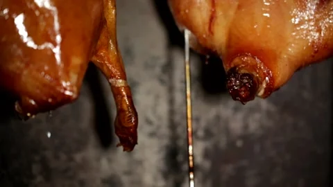 The roast goose in the fireplace drips appetizing soup, close-up shot2 Stock Footage 236530854