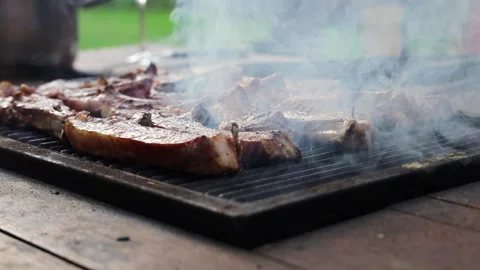 Roast kebab with smoke on a table with a built-in barbecue, dinner outdoors in a Stock Footage 274176348